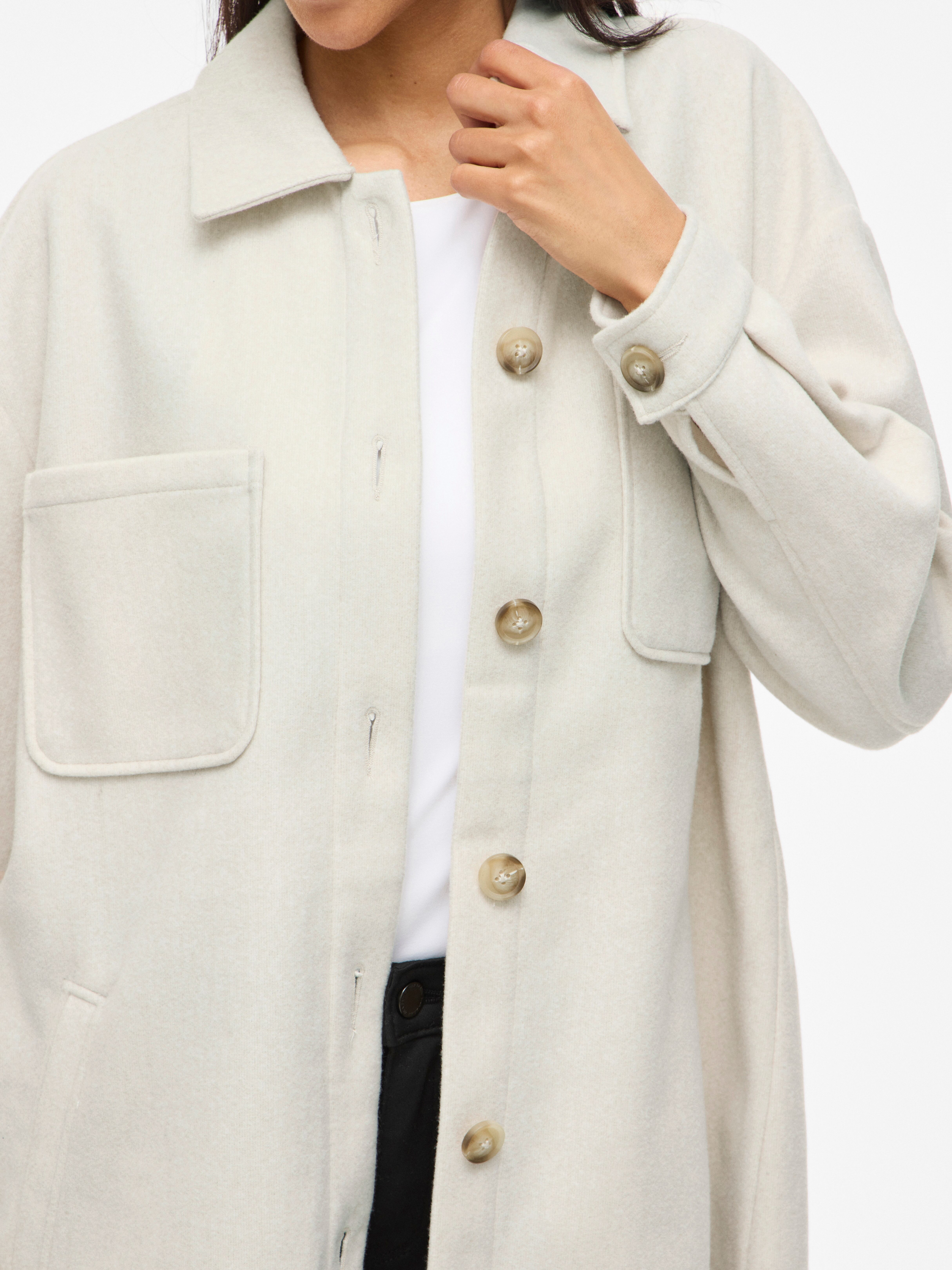 Hemdjacke VILA "VIKIMMI SHIRT L/S JACKET - NOOS", Damen, Gr. M, beige (super light natural melan), Web, Obermaterial: 100% Polyester, unifarben, regular fit, Rundhals, Jacken Hemdjacke super light natural melan M