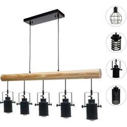 Pendelleuchte HWC-H83, Hängelampe Hängeleuchte, Industrial Vintage Massiv-Holz Metall schwarz ~ 5 Spotlampenschirme