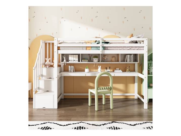 REDOM Hochbett mit Treppe und integriertem Stauraum (Jugendbett, Stauraumbett, 1-St., mit integriertem Schreibtisch,ohne Matratze) mit sicherer Treppe,rutschfeste Stufen