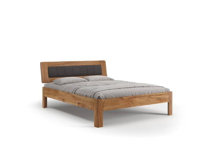 Einzelbett / Gästebett Massivholz Eichenholz geölt gepolsterten Kopfteil 180 x 200 cm Minimalistisch einzigartige Holzstruktur