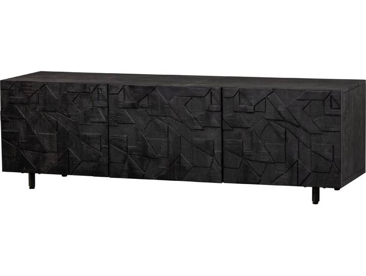 WOOOD Lowboard Counter Mangoholz mit Druckmechanismus und Kabelöffnung, 160x45x50 cm, Grafisches Holzschnitzerei-Türdekor, Tragkraft Deckplatte 35 kg