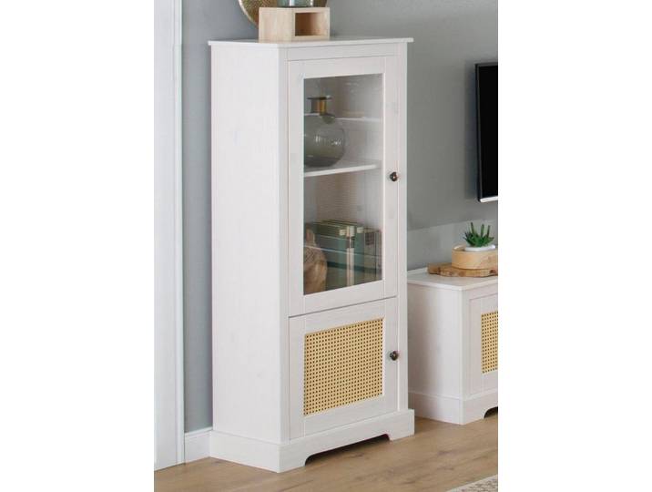 loft24 Vitrine Leni Standvitrine, Schrank mit Glastür, Kiefer Massivholz mit Weidenfront