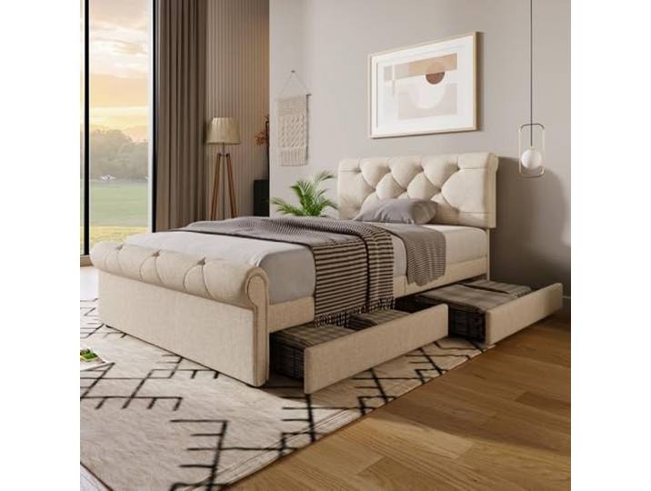 Merax Polsterbett 90 x 200 cm mit 2 Schubladen, Einzelbett Bettgestell mit Lattenrost und Höhenverstellbarem Kopfteil, Chesterfield Funktionsbett, Leinenmaterial, ohne Matratze, Natürlich