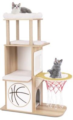 Costway 47 Inches Wooden Cat Tree with 2-Story Cat Condo and Basketball Hoop Hammock-Natural