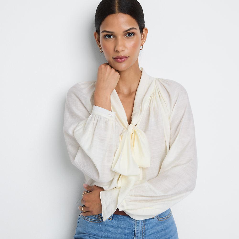 Schluppenbluse mit Ballonärmeln für Damen, Damen, size: regular, Elfenbein, Nylon/Viskose, by Lands' End