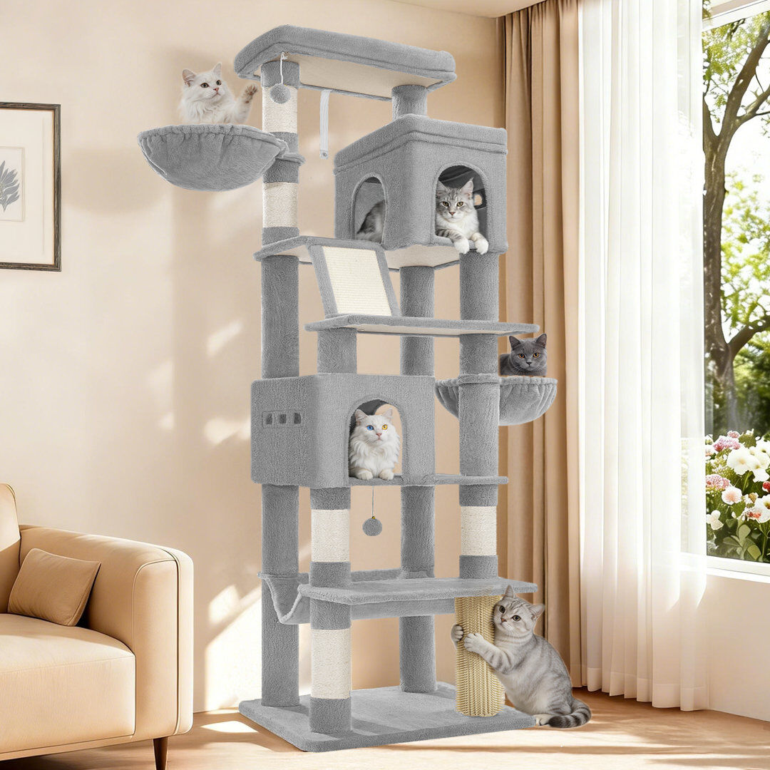 Rebrilliant Large Cat Tree Tower, Cat Tree for Indoor Cats, Climbing Tower for Large Cats, 5 Scratching Post, 2 Large Platform, 2 Caves, 2 Baskets, Stairs, Hammoc Light Grey 55 × 45 ×190 cm