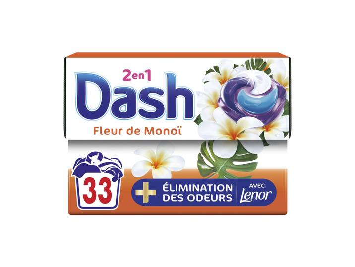 DASH Lessive Capsules Pods 2en1 Elimination des Odeurs Fleur de Monoi 33 capsules