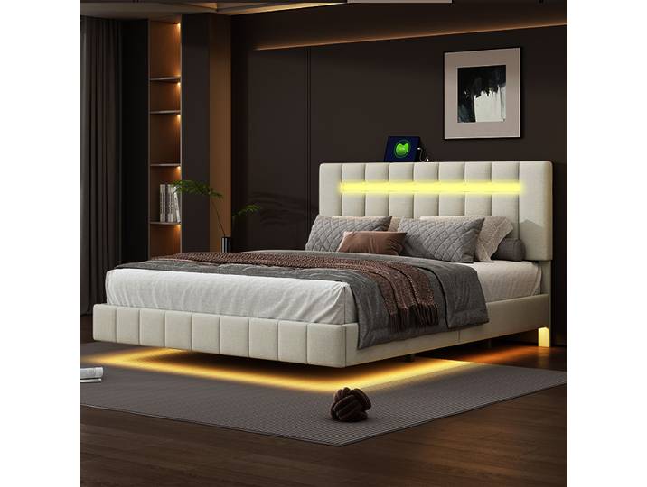 Lit rembourré 140/160 x 200 cm, cadre de lit flottant rembourré avec éclairage LED et design de tête de lit, lit double spacieux