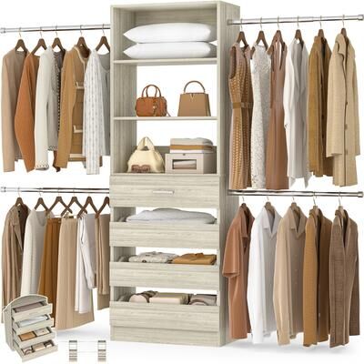 Rackcog Modular Closet System Wardrobe Organizer 4 Adjustable Hanging Rods and 4 Wooden Drawers, Space-Saving for 4-9Ft Closets