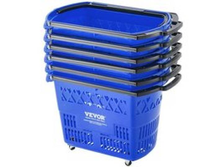 VEVOR Panier de courses, lot de 6, panier à provision en plastique roulant sur roulettes, 39 L, avec poignée, 540x330x365 mm, grand panier portable pour magasin de détail, supermarché, épicerie, bleu