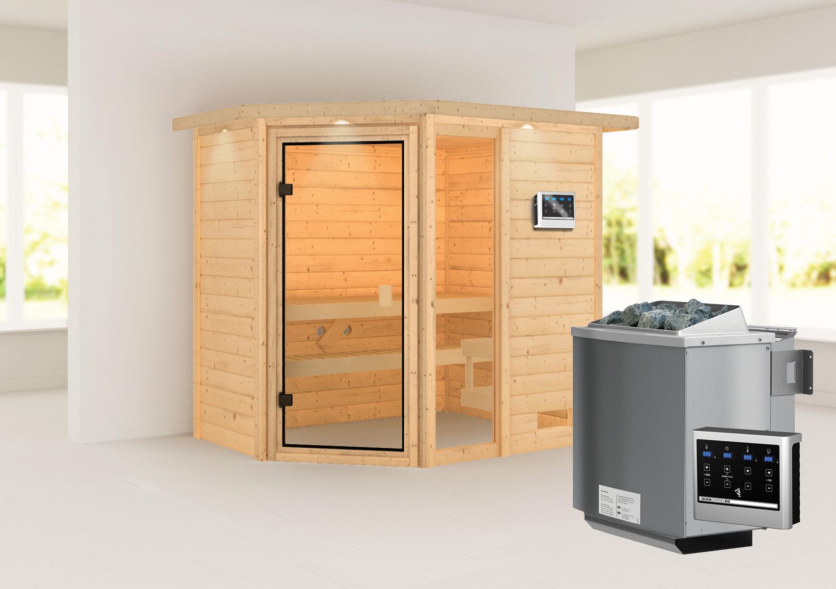 KARIBUHOLZT Sauna Jada Eck, 9kW Bio ext. Strg m.Dachkranz 16880522