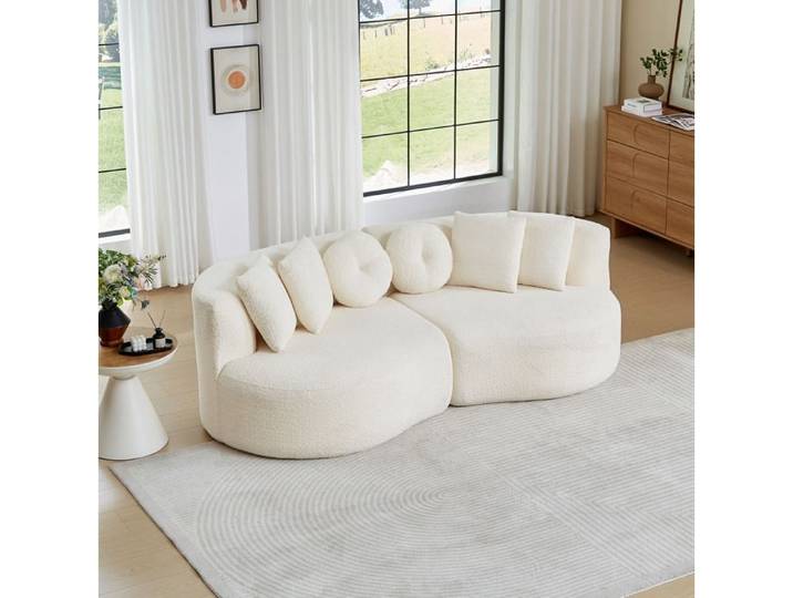 WOVREO Canapé modulable 3 places incurvé en chenille beige 2 modules avec 6 coussins