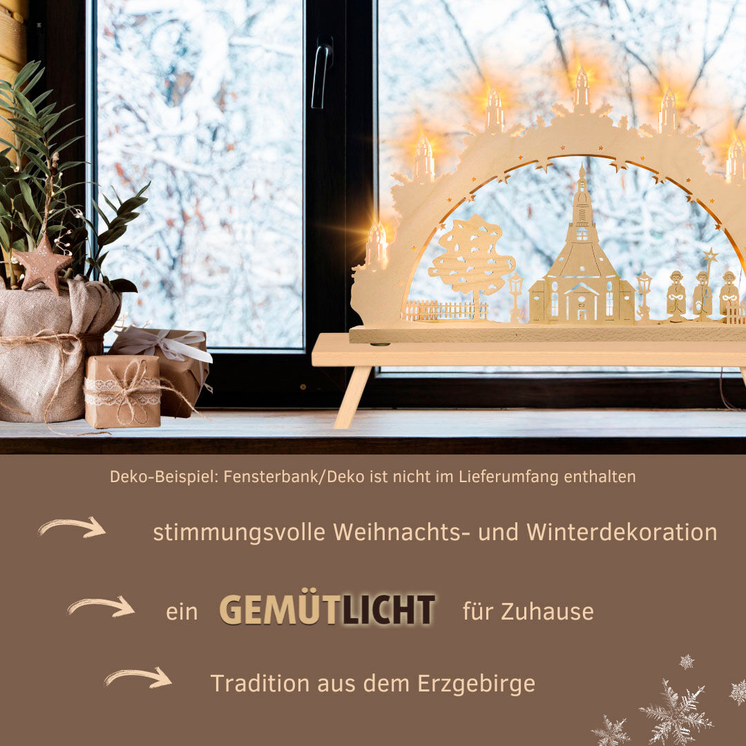 Schwibbogen WEIGLA "Seiffener Kirche, Lichterbogen aus Holz, NATUR, Made in Germany", beige (natur), H:32cm T:4,5cm, Holzwerkstoff, Schwibbögen, Schwibbogen, Erzgebirge garantiert, Weihnachtsdeko Innen, Weihnachtsbeleuchtung