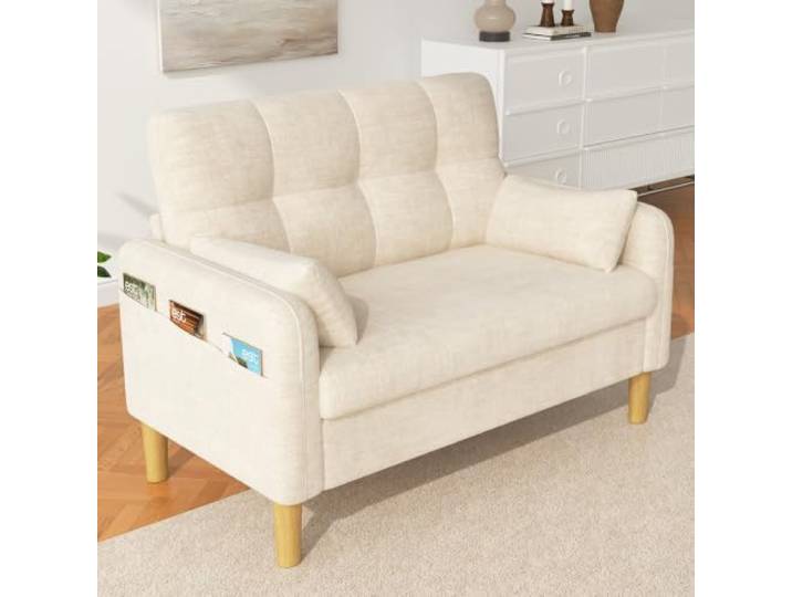 Aunvla Modernes Zweisitzer Sofa mit dicken weichen Polstern, 2 Kissen und seitlicher Aufbewahrungstasche, ideal für Wohnzimmer, Schlafzimmer oder kleine Wohnungen, Chenillegewebe, Beige