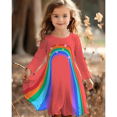 Mädchen' 3D Regenbogen Kleid Langarm Sommer Urlaub Täglich Festtage Prinzessin Schön Süß kinderkleidung 4-12 Jahre Casual kleid A Linie Kleid Knielang Regular Fit