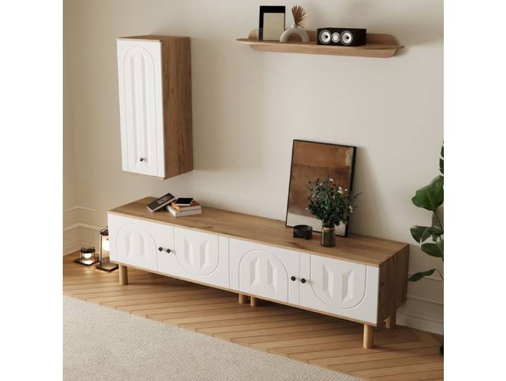 VUENOR Ensemble mural TV 3 pièces blanc et bois naturel avec portes sculptées