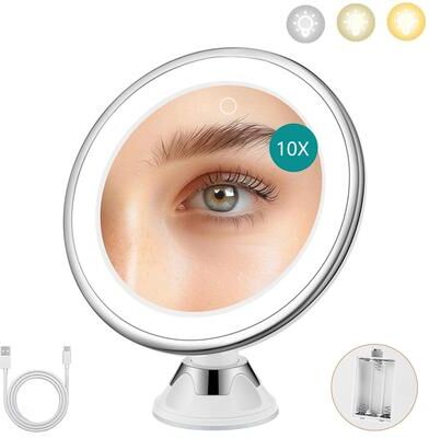 Fusion Finds Lighted Makeup Mirror With 10x Magnifying Mirror, 3 Color LED Lights & 360 Suction Cup Rotation Lighted Makeup Mirror With 10x Magnifying Mirror, 3 Color LED Lights & 360 Suction Cup Rotation