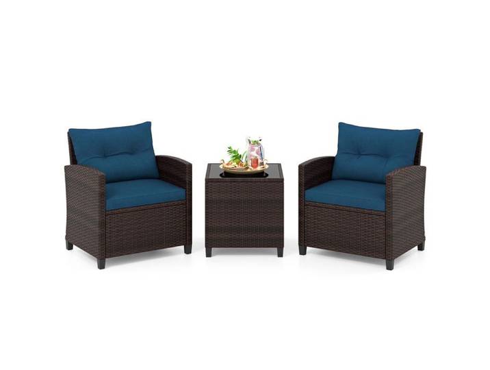 Ensemble Table et Chaises de Jardin 3 Pièces COSTWAY Chaises en Rotin PE Plateau en Verre Trempé Coussins Amovibles Bleu Paon