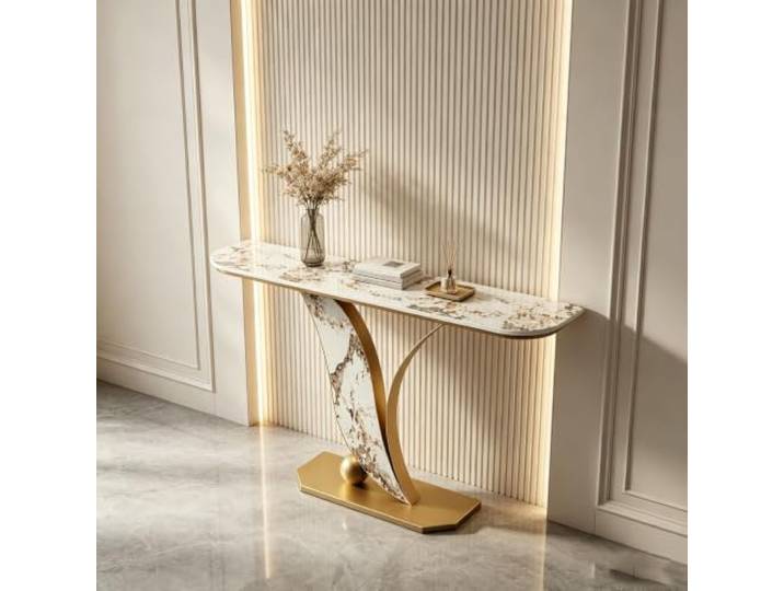 Moderner Konsolentisch mit Sintersteinplatte, schmaler Eingangstisch Sinterstein-Oberfläche, Stabiles Metallgestell, Schmale Bauweise, Flur & Wohnzimmer(Gold+White-gold,31.5 (80cm))