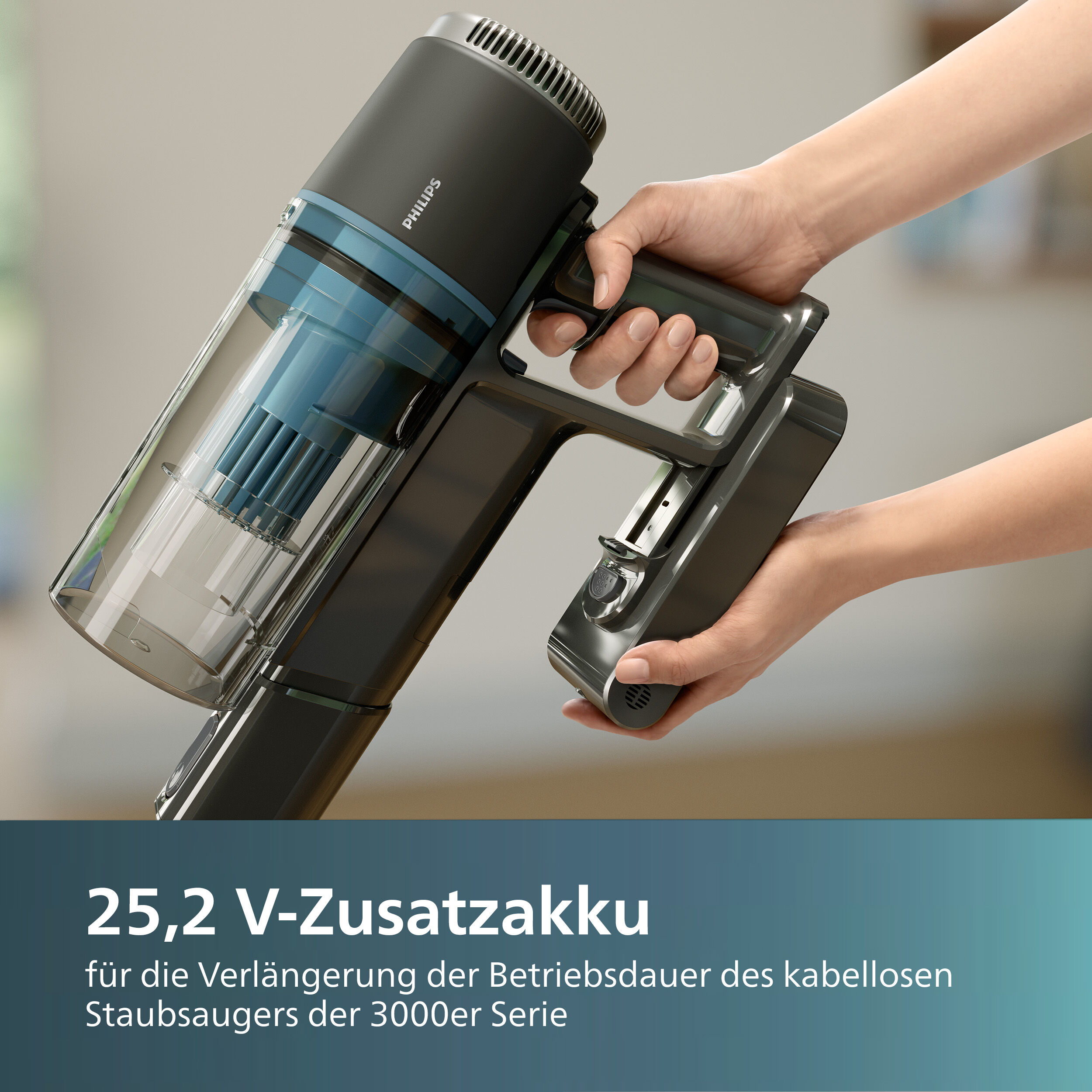 Philips Zusatz-Akku "XV1633/01Cordless VC 3000 Series, Lithium-Ionen-Akku", schwarz, 25,2 V 2.000mAh, Akkumulatoren, verlängert die Betriebsdauer kabelloser Staubsauger der 3000er Serie, Zusatz-Akku schwarz 25,2 V 2.000mAh
