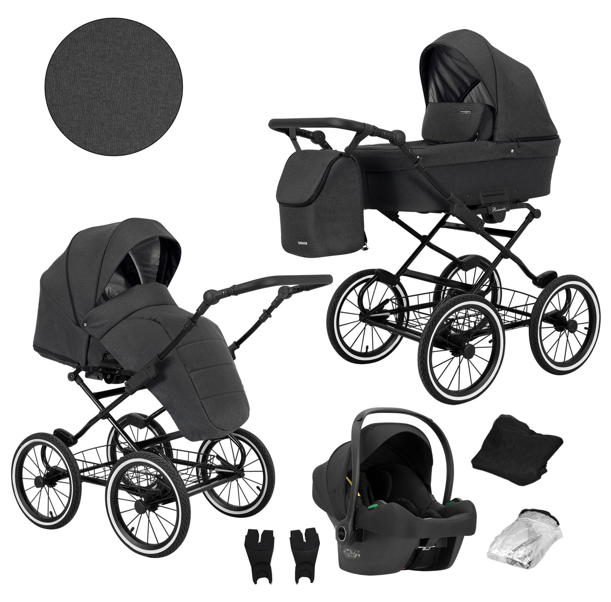 Kunert Romantic 3-in-1 Kombikinderwagen Anthrazit mit Babyschale, schwarzer Rahmen