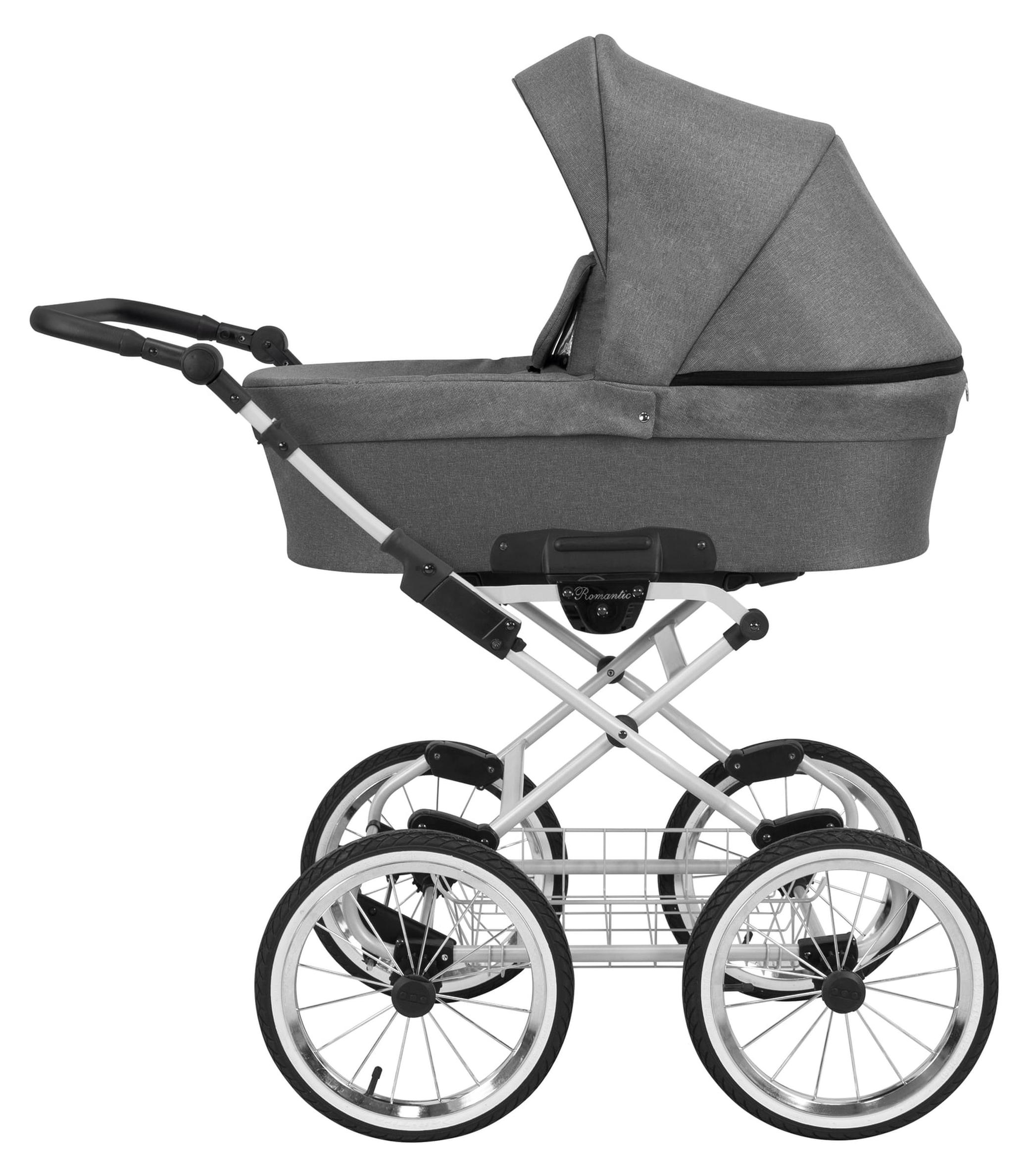 Kunert Romantic Kinderwagen mit Babywanne, silbernes Gestell, Luftreifen, Grau