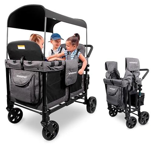 W4 Original Kinderwagen (4-Sitzer) - zusammenklappbarer Wagen mit Sitzen mit 5-Punkt-Gurten, leicht zugänglicher Reißverschluss-Tür und abnehmbarem Sonnendach, Grau
