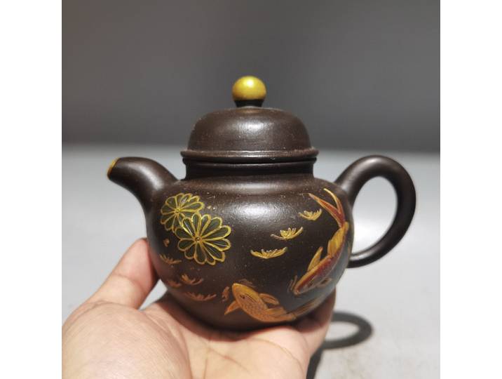 6 chinois Yixing violet argile théière contour en or poisson fleur motif chapeau pot bouilloire théière Flagon Amass richesse