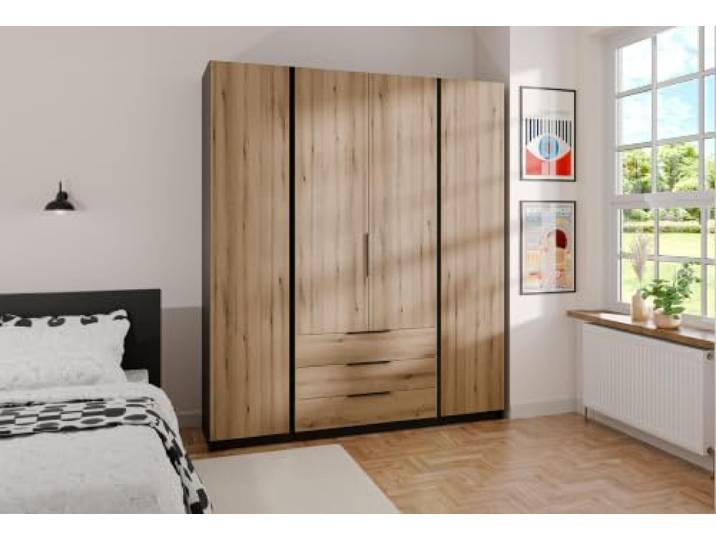 AX Living Nehir Schrank 200 cm Schwarz/Eiche Evoke, 4 Türen + 3S 4 glatte Türen; 3 Schubladen – clever organisiert.