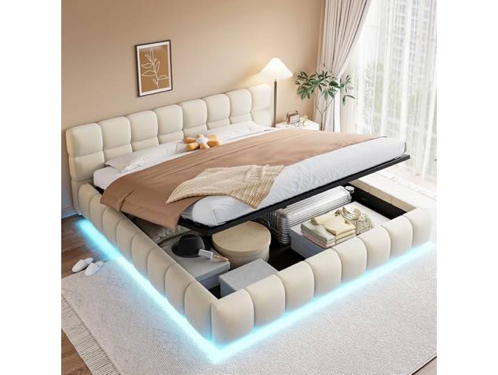 Merax Polsterbett 180x200 cm mit Lichtleiste, hydraulischer Staufunktion, Samtstoff, Steppmuster – Beige (Ohne Matratze)