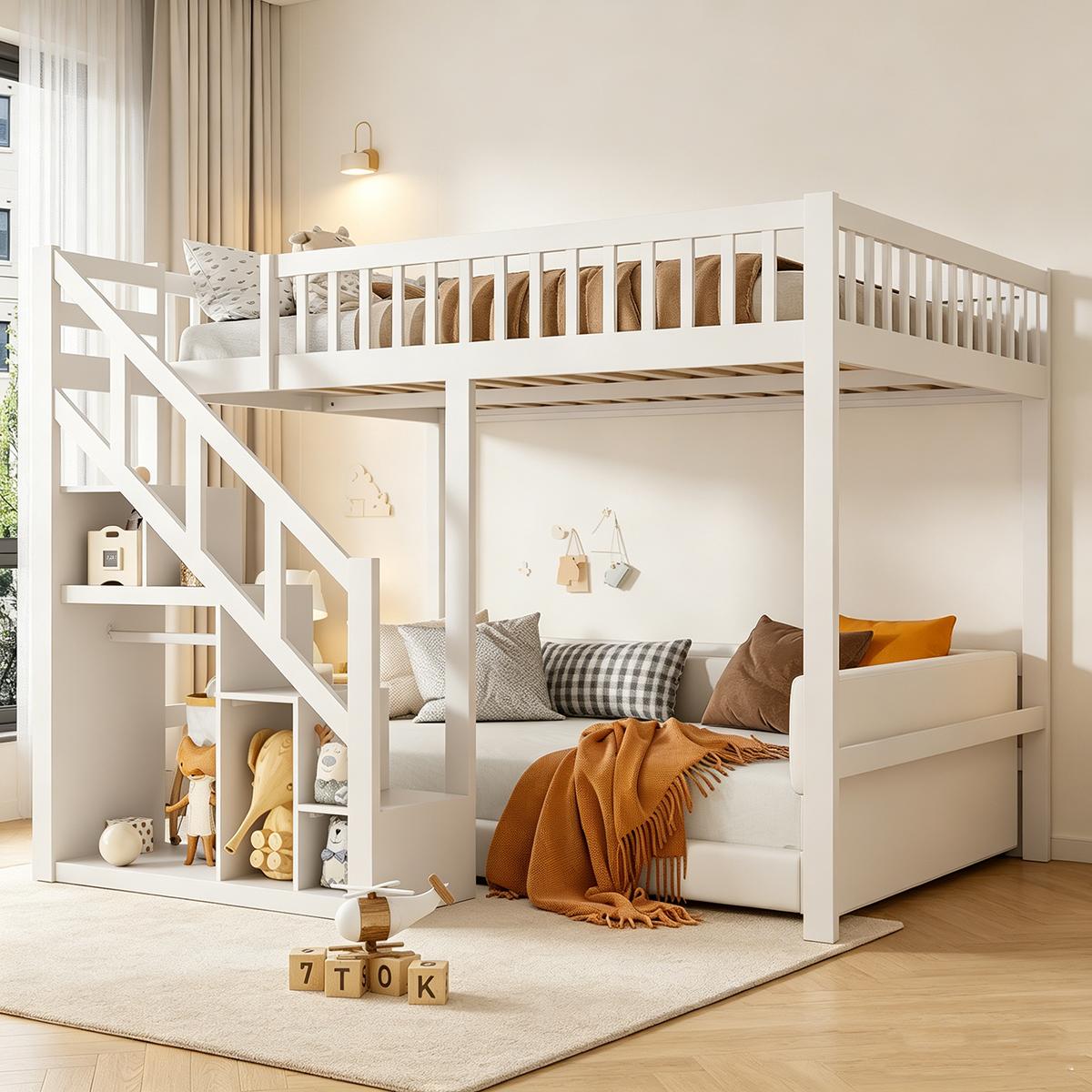 INONEFT Etagenbett 140x200cm, Kinderbett mit Treppe, Hochbett aus Massivholz mit Regal, Stauraumbett mit Spielbereich unten, Weiß