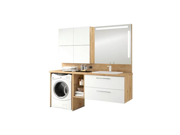 Moderano Badezimmer, Weiß, Eichefarben, Glas, 5 Fächer, 2 Schublade(n),2 Schublade(n) Schubladen, 188.1 cm, hängend, individuell planbar, planbar nach Maß, erweiterbar, Typenvielfalt, Badezimmer, Badmöbelsets & Badmöbelserien, Badmöbel-Sets