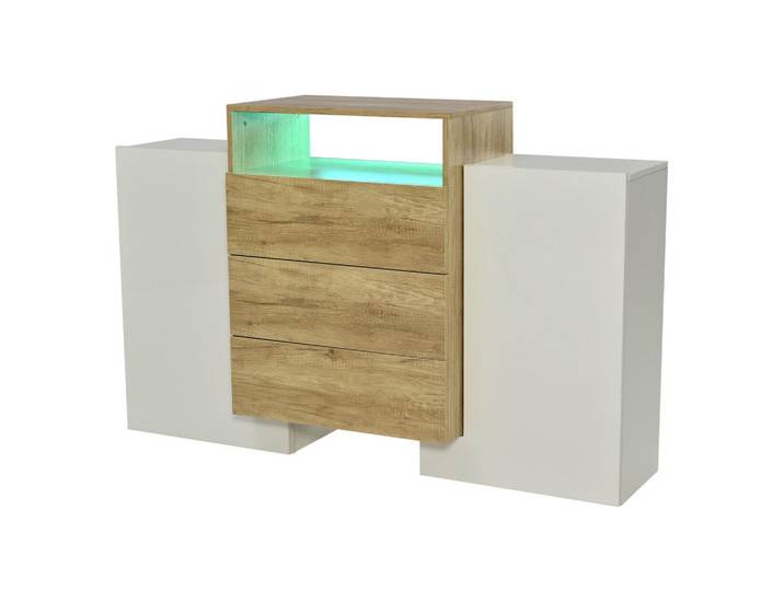 Flieks Sideboard Weiß Holz 140cm LED Hochglanz modern, Naturfarben, 37.5x91x140 cm, Kleinmöbel, Kommoden, Sideboards