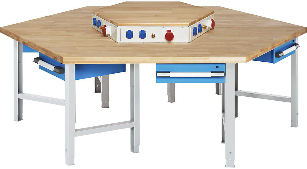 Gruppen-Werkbank, 6 Arbeitsplätze, 6 Schubladen, mit Energieaufsatz, Höhe 790 - 1140 mm eurokraft pro