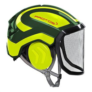 Protos Forsthelm Integral Arborist F39, oliv-gelb, Gehörschutz & Metall-Visier, Größe 54-62