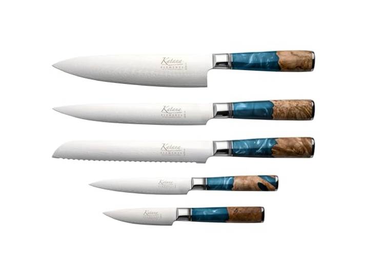 Katana Saya Elements 6-teiliges Messerblock-Set, Ozeanblau – VG-10-Damaststahl mit hohem Kohlenstoffgehalt für extreme Robustheit und Schärfe – Griff aus natürlichem Olivenholz und Harz