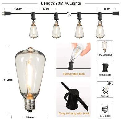 Uplifted Finds Connectable ST38 Outdoor String Lights With Shatterproof LED Bulbs For Patio And Garden Decor 20 M 48 Sockets