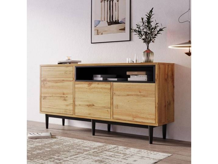 Buffet Chêne 160x35x76cm - 3 Portes Étagères Bois - Design Compact - Montage Facile - Rangement Salon Optimal