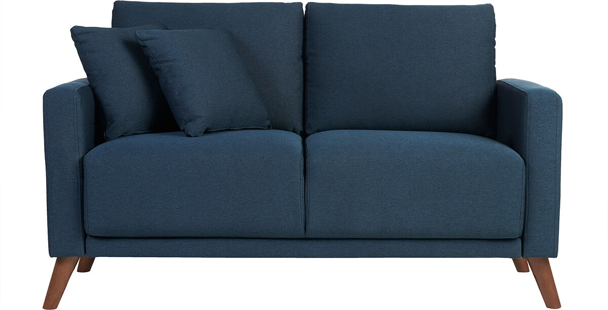 Miliboo Zweier-Sofa in dunkelblauem Stoff und dunklem Holz MUNIK