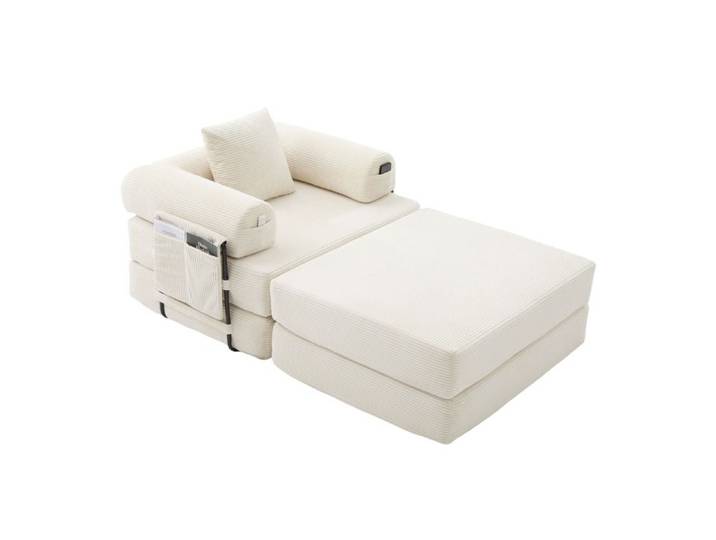 Canapé modulable compressé en corduroy beige avec pouf coussin poche latérale sans montage