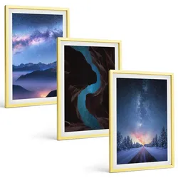 BILDER SET 3er Set - 40x60 cm Goldrahmen - Nachthimmel, Berge, Winterlandschaft