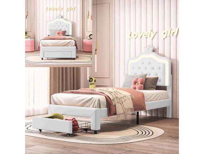Lit enfant 90x200 - SUNFECILI - Lit princesse - Rembourré - Avec tiroir - LED réglable