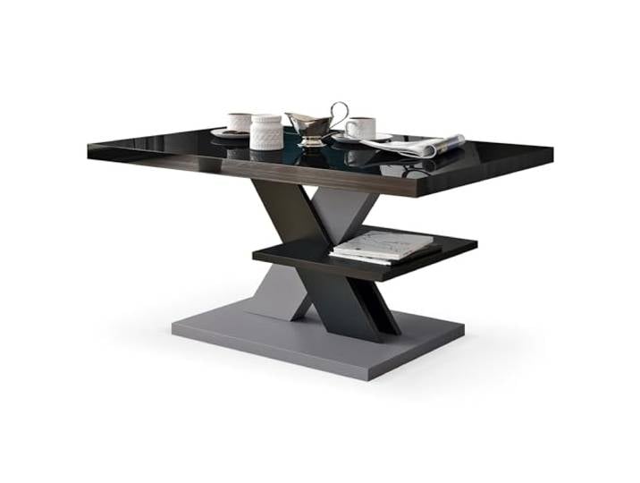 Viosimc Couchtisch Hochglanz Schwarz Grau, Moderner Wohnzimmertisch mit Regal, Beistelltisch mit schwarzer Hochglanz-Tischplatte, moderner schwarzgrauer Mitteltisch Wohnzimmertisch (Schwarz - Grau)