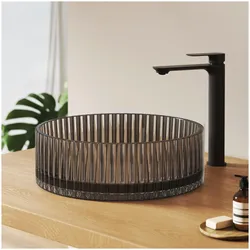 Emke, Waschbecken, Aufsatzwaschtisch Ø40 cm Design-Waschbecken gehärtetes Bleikristallglas Schwarz galvanisch (400 mm)