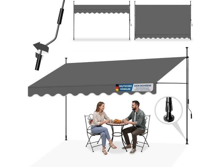 Klemmmarkise mit Handkurbel, höhenverstellbar - 400 x 180 cm, schwarz/grau