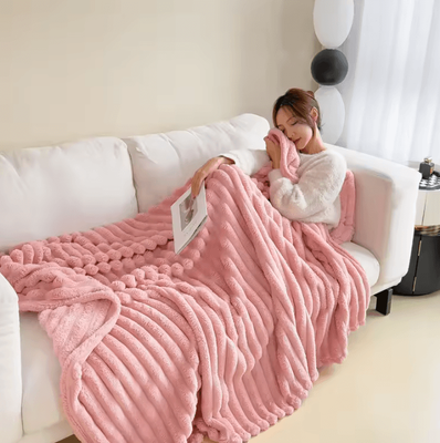 Inspire Curations Faux Rabbit Plush Striped Throw Blanket pink 180x200cm