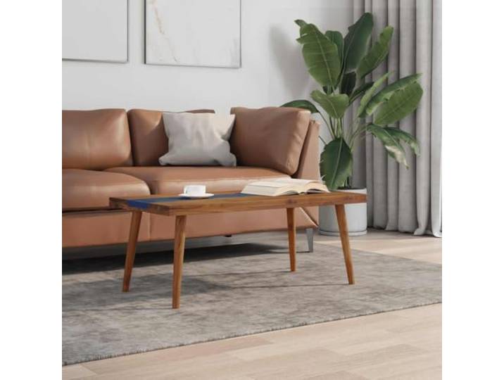 TEKGHUT Couchtisch Aus Teakholz Mit Harzeinlage 100x50x40 cm Teakholz, hellblaue Harzeinlage, einzigartiges Muster, Wohnzimmer, Dekoartikel