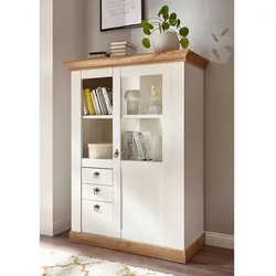 Highboard Vitrine im Landhausstil Weiß und Wildeiche Dekor