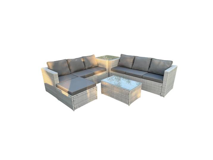 Fimous Gartenmöbel SET Polyrattan Helles Grau 7-Sitzer, Hellgrau, Metall, rechteckig, Gartenmöbel, Gartengarnituren, Gartenmöbel-Sets