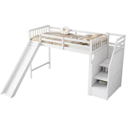 OKWISH Hochbett aus Kiefernmassivholz und MDF, Weiß, 90x200 cm, mit Rutsche und Ablageleiter